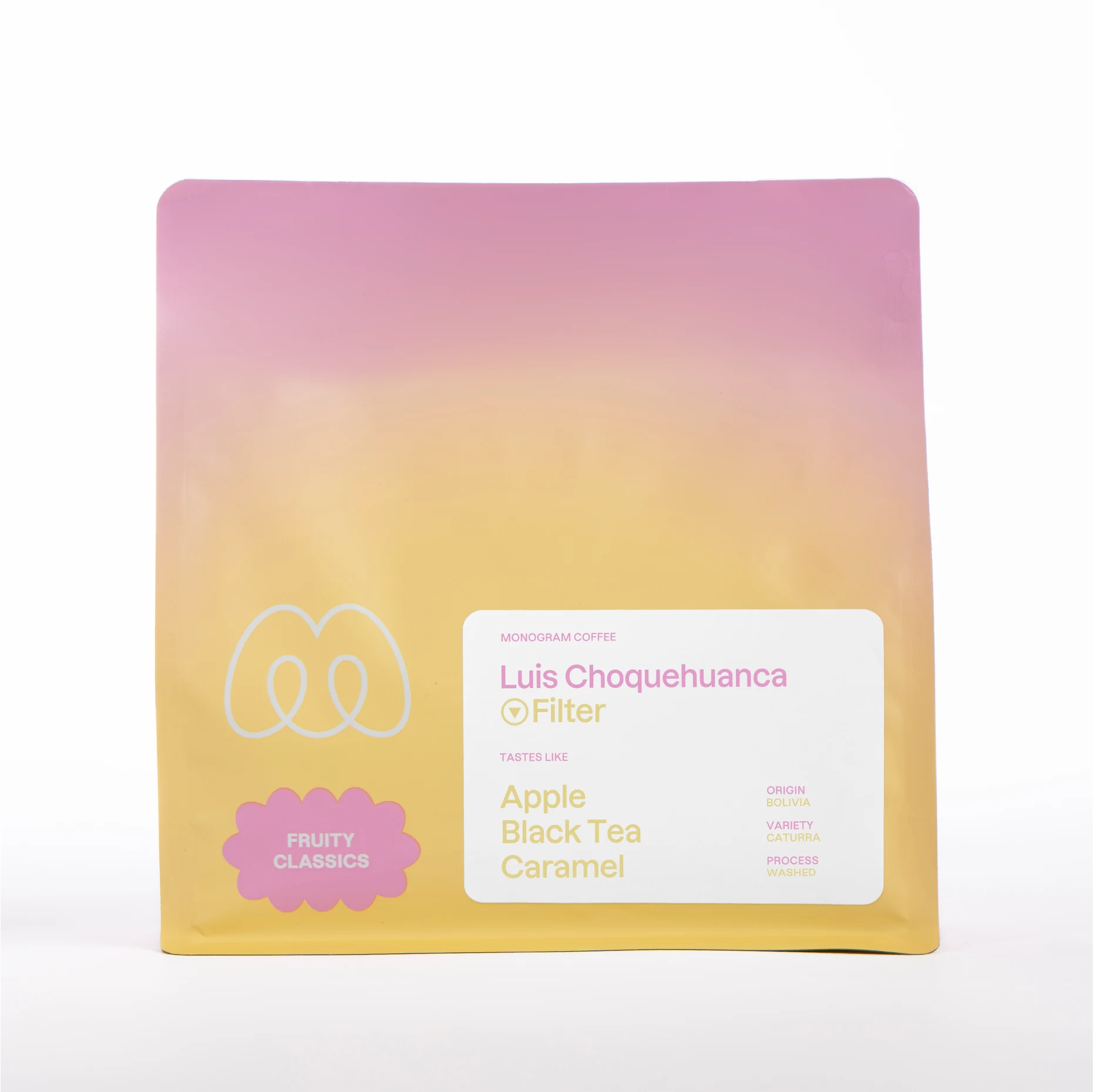 A pink and yellow gradient bag of Monogram Luis Choquehuanca filter coffee, a washed Caturra variety from Bolivia with tasting notes of apple, black tea, and caramel.