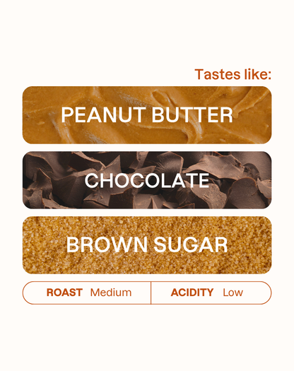 Tasting note graphic for Daterra Pearl coffee highlighting Peanut Butter, Chocolate, and Brown Sugar flavors.