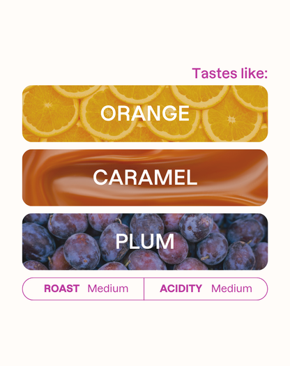 Tasting note graphic for Jairo Arcila Washed coffee highlighting Orange, Caramel, and Plum flavors.